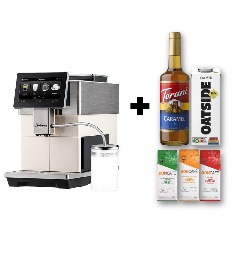 Cafematic H3 with 3 blends of locally roasted beans + 1 Torani syrup + 1 milk less 15%